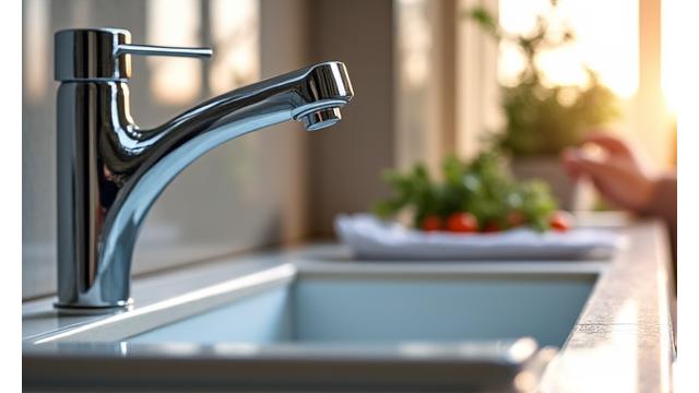 Modern kitchen with a newly repaired faucet, illustrating kitchen and bathroom repair expertise.
