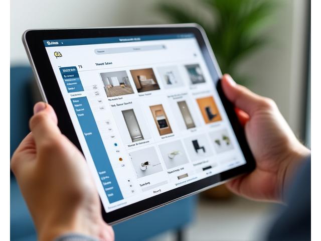 Hands scrolling through a tablet displaying product recommendations for home renovation